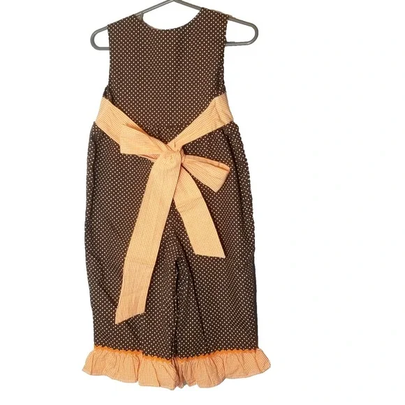 Stelly Belly Turkey Applique Overall Brown/Orange Microdot Ruffled Leg 12 mo‎ - Picture 2 of 7